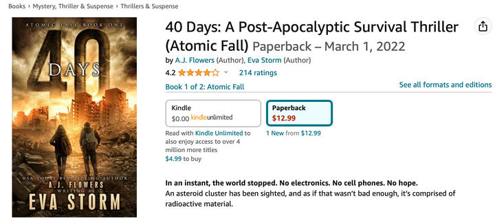 40 Days by Eva Storm (Post Apoc pen name of J.R. Thorn)